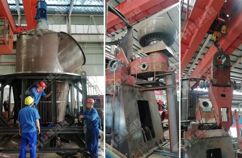 桂林鴻程立式磨粉機技術工人在生產車間組裝立磨磨輥與選粉機 桂林鴻程立式磨粉機技術工人在生產車間組裝立磨磨輥與選粉機